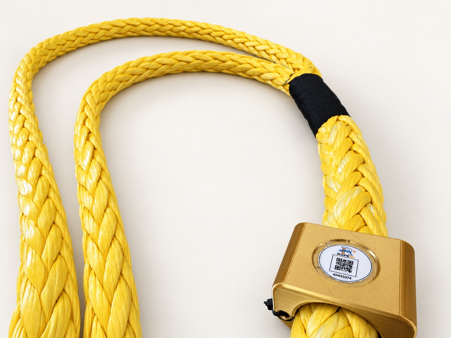 Yellow synthetic rope loops with a black protective sleeve and gold RopeID® tag