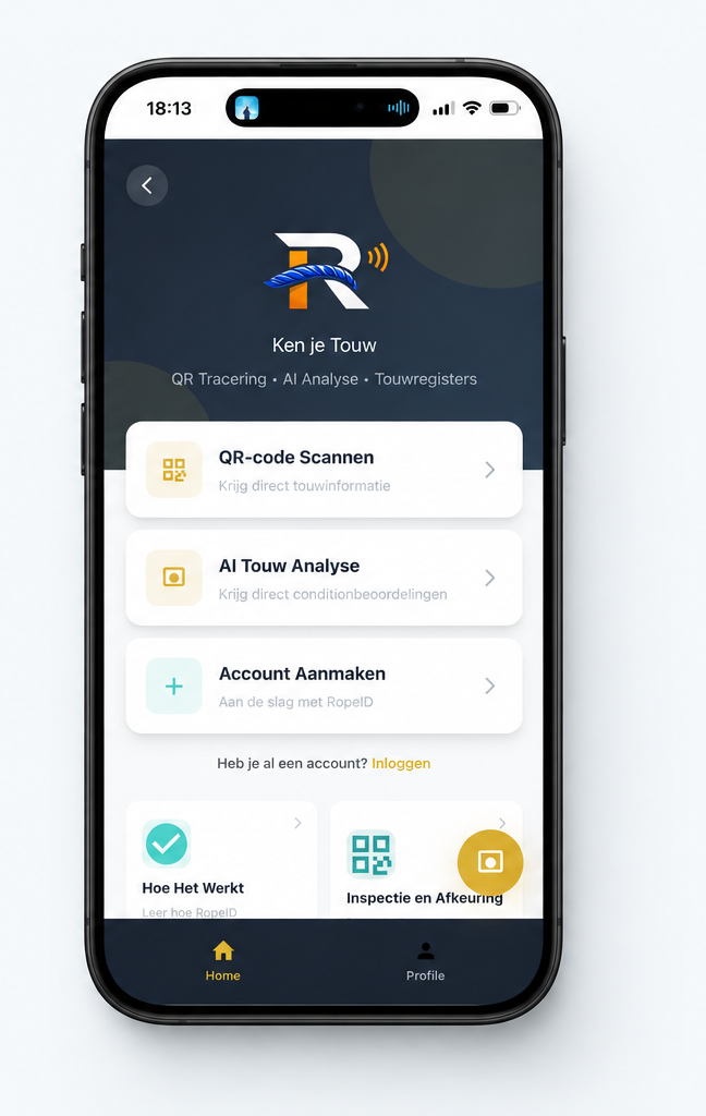 Phone mockup of the RopeID mobile app home screen, showing rope scanning and rope register features