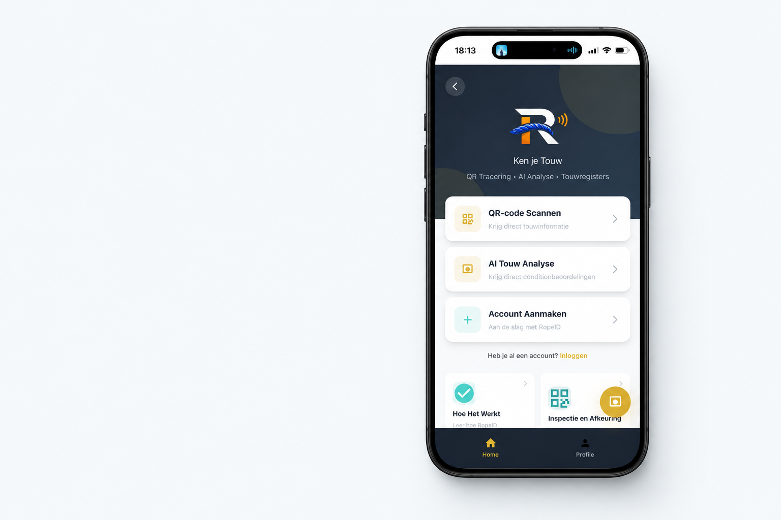 Phone showing the RopeID® app home screen with QR scanning and rope analysis options